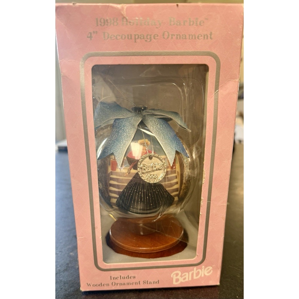 Mattel (1998) Holiday Barbie 4" Decoupage Ornament w Wooden Ornament Stand